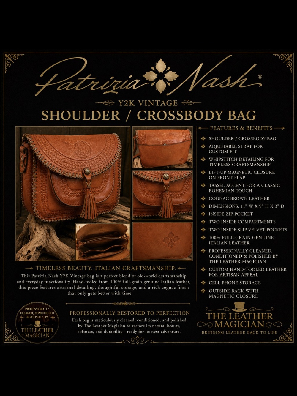Patricia Nash Y2K Cognac Tooled Italian Leather Crossbody Shoulder Bag